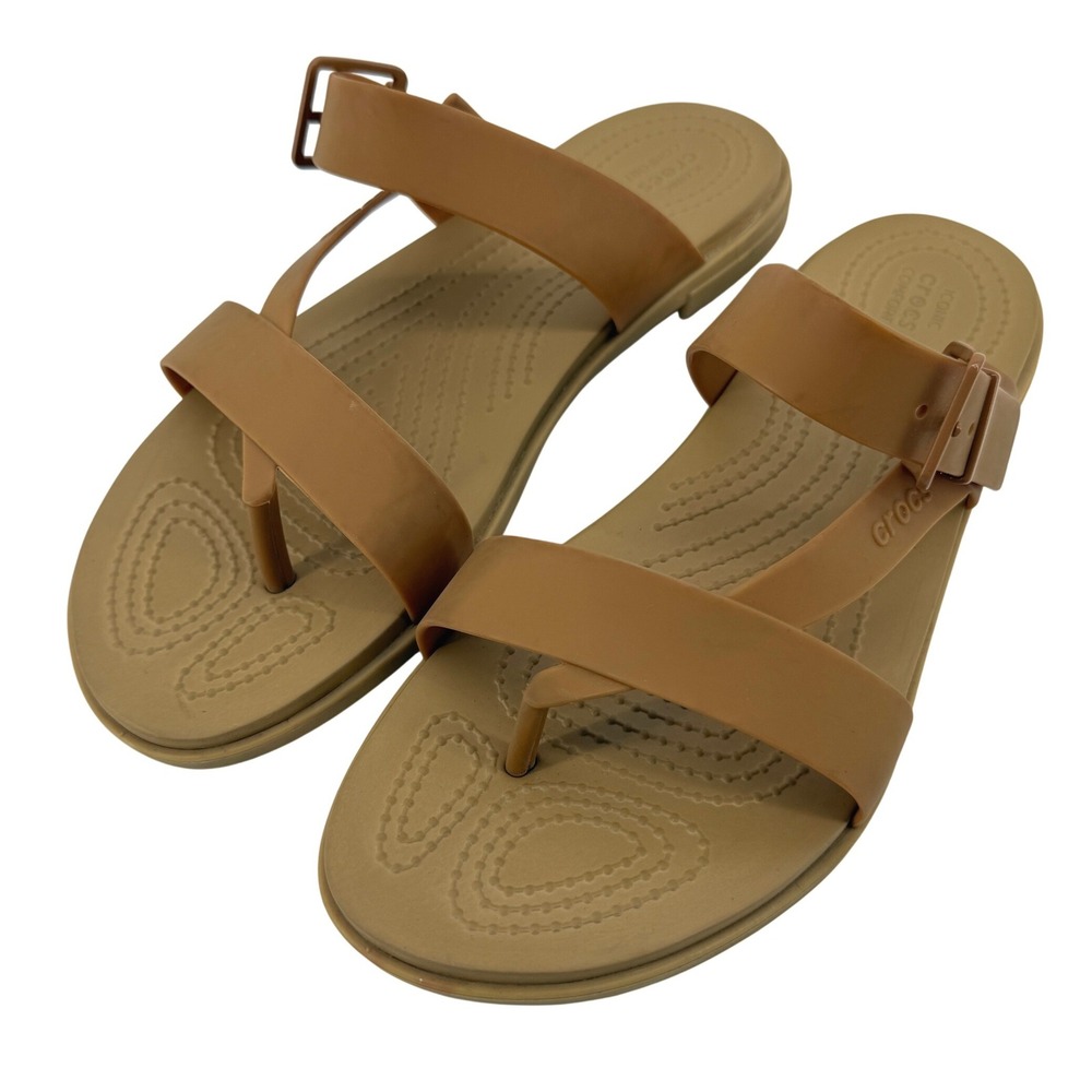 Crocs Tulum Toe Post Sandal Brown Tan Women 8 Strappy Slip On Flip Flop Casual